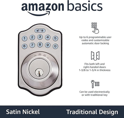 Amazon Basics Electronic Keypad Deadbolt Door Lock with Touch-Control Keyless Entry Door Lock, Keyed Entry Option, Traditional, Satin Nickel, 6-Pack