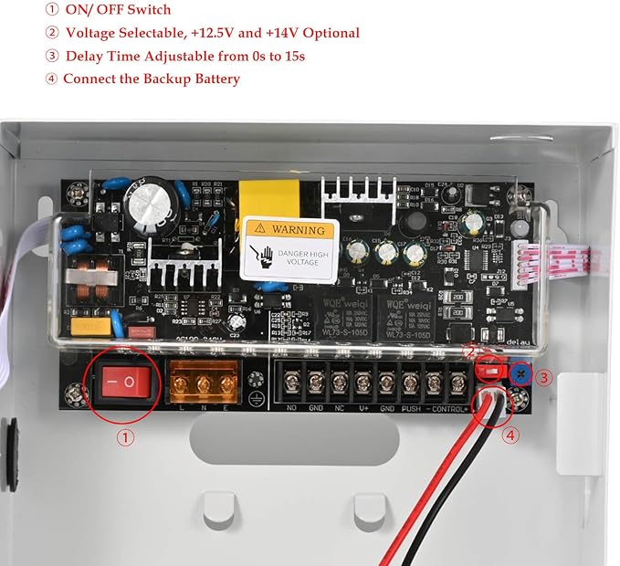 Access Control Power Supply Controller, 100V-240V AC to DC 12V/14V 5A, Adjustable Delay 0-15s, Metal Case with Battery Backup Charging & LED Indicators, for Door Locks, Intercoms, Access Systems