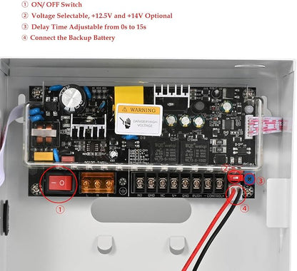 Access Control Power Supply Controller, 100V-240V AC to DC 12V/14V 5A, Adjustable Delay 0-15s, Metal Case with Battery Backup Charging & LED Indicators, for Door Locks, Intercoms, Access Systems
