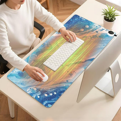 Heated Desk Pad Mouse Pad 31.5x13 Inch PU Leather Desk Mat with 3 Heat Levels Large Mouse Gaming Computer Laptop Mat Blue and White Marble Spots