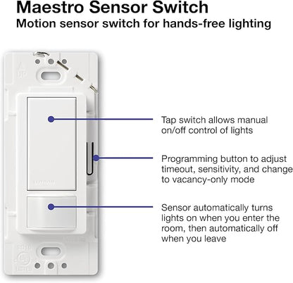 Lutron Maestro Motion Sensor Light Switch Indoor for Bathroom, Garage, Laundry Room, Any Bulbs, Occupancy Vacancy Sensor, Single-Pole, MS-OPS2-PD, Palladium