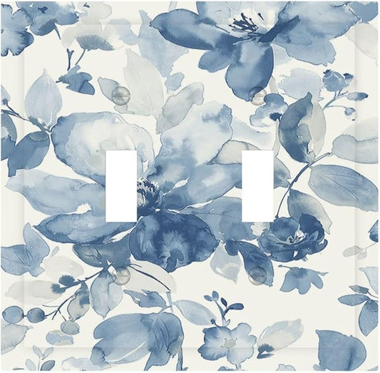 Decorative Switch Plates Blue Watercolor Floral 2 Gang Double Toggle Outlet Light Switch Cover Wall Plate Electrical Faceplate for Bedroom Bathroom Decor