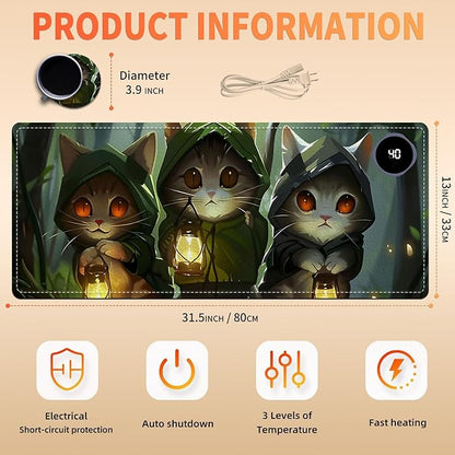 Heated Mouse Pad, Warm Desk Pad, Keyboard Mat 31.5 x 13 Inch Intelligent Fast Heating, 3 Speed Adjustable, Timed Auto Power Off for Game Office Home,3 Cat Apostles Carrying Lanterns