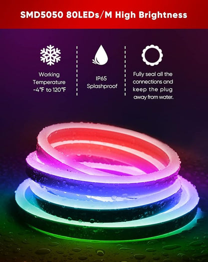 Shine Decor LED RGB Neon Rope Lights AC 120V, Expandable & Cuttable Bright Strip Lighting with Remote, Dimmable Color Changing, ETL Cold-Resistant & IP65 Waterproof for in&Outdoor, 10x20mm, 82FT