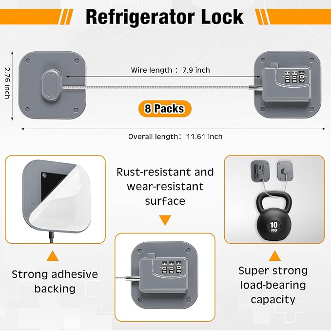 8 Pack Fridge Lock Heavy Duty Locks for Fridge Freezer Lock for Child Safety Cabinet Coded Adhesive Combination Refrigerator for Drawers Cabinet Window Easy Install No Drilling Black (Gray)