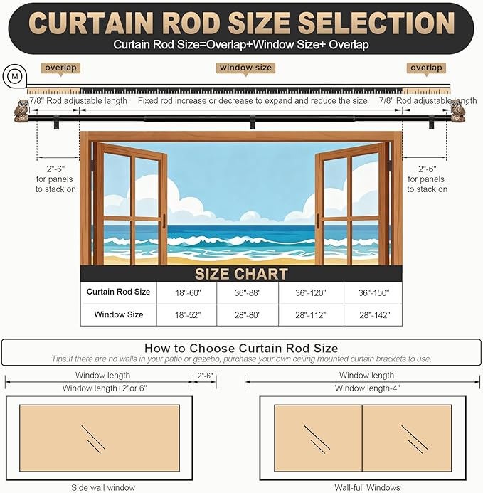 Vintage Decorative Black Curtain Rods for Windows 48 to 84 Inch Adjustable Heavy Duty 1'' Diameter Curtain Rod with Owl Finials for Bedroom Living Room Kitchen Farmhouse (36-88'')