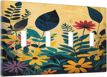 Light Switch Cover Plate Abstract Minimalist Floral Botanical Boho Flower Quad Toggle Wall Plates Decorative Switch Plates 4 Gang Outlet Covers Electrical Panel Cover Faceplate for Home 4.5 X 8 IN
