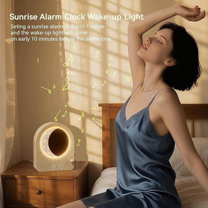 Sunrise Alarm Clocks for Bedrooms, Stepless Dimmable Moon Lamp Dual Alarm Clock Wake Up Light with 12Levels Volume for Heavy Sleepers, 10 Natural Sounds with Timer, Gifts for Women