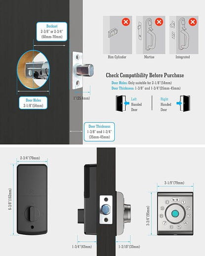 LELOUPFIDELE Smart Lock – Keyless Entry Door Lock with Keypad Deadbolt, Fingerprint & Anti-Peek Code, Compact Design, Auto-Lock, Easy Install for Home//Office (Satin Nickel)