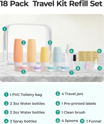 BAGSMART 18 Pack TSA Approved Travel Bottles for Toiletries, Leak Proof Silicone Travel Size Containers Bottles for Shampoo, Macaron