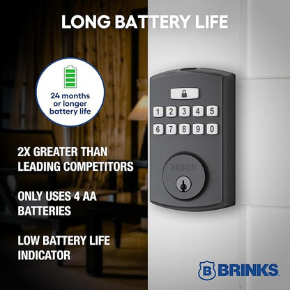 BRINKS Security Door Locks, High-Security Keyless Entry, Smart Electronic Door Lock with Deadbolt, Up to 50 Codes, Automatic Locking (Deadbolt, Matte Black)