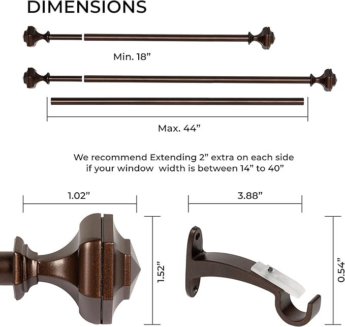Deco Window Adjustable Curtain Rod for Windows 18 to 44 Inch (Pack of 1) Extendable Heavy Duty 3/4 Inch Iron Drapery Pole with Finials Wall Mounted French Door Curtain Rods (Brown)