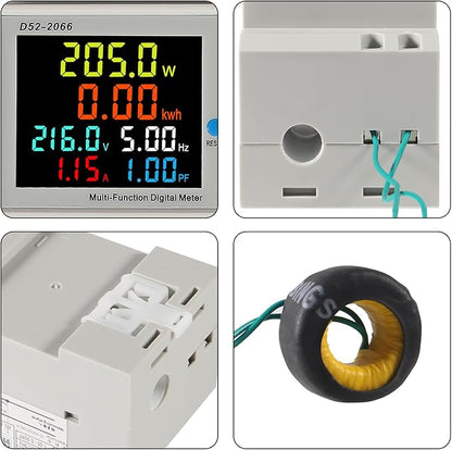 2Pack Single Phase Energy Meter Din Rail Electricity Usage Monitor AC 40-300V 100A Voltmeter Ammeter Watt Kwh Frequency Power Meter External CT 110V