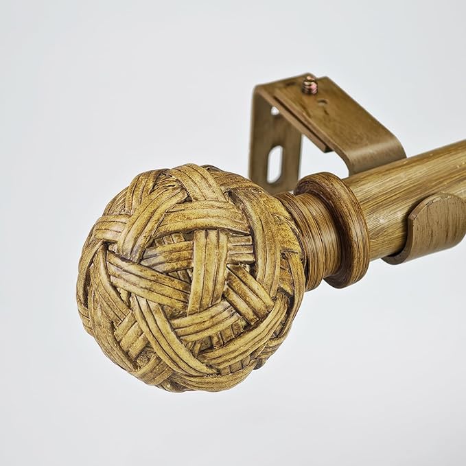 Faux Wood Style Curtain Rod Set with Faux Rattan Look Finial, 36-72 inch, Standard Single Drapery Rod for 1 Pack, 1 inch diameter, Adjustable Length
