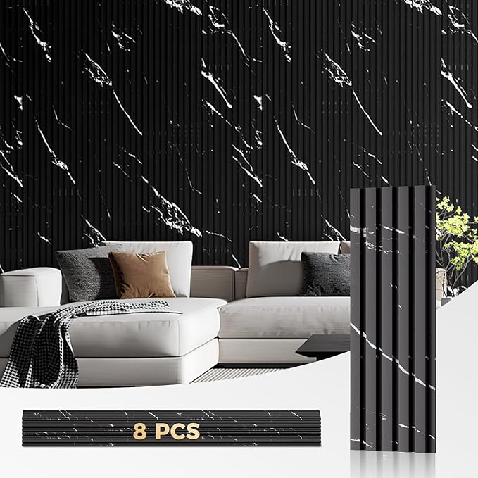 OUZUGIE WPC Acoustic Slat Wall Paneling, 8-Pack 96 x 6 Inches 3D Wall Panels for Interior Wall Decor,Living Room,TV Background,Study Room,Office Spaces,Bedroom,Low Grille (Black Marble-1)