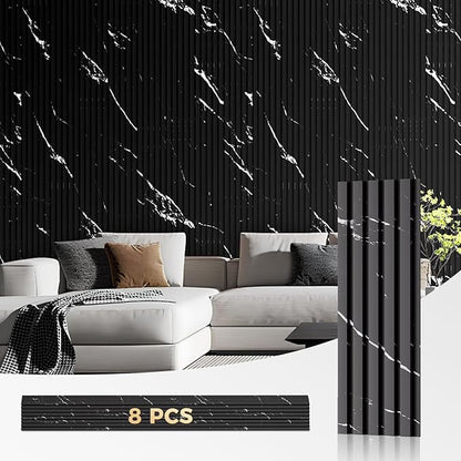 OUZUGIE WPC Acoustic Slat Wall Paneling, 8-Pack 96 x 6 Inches 3D Wall Panels for Interior Wall Decor,Living Room,TV Background,Study Room,Office Spaces,Bedroom,Low Grille (Black Marble-1)