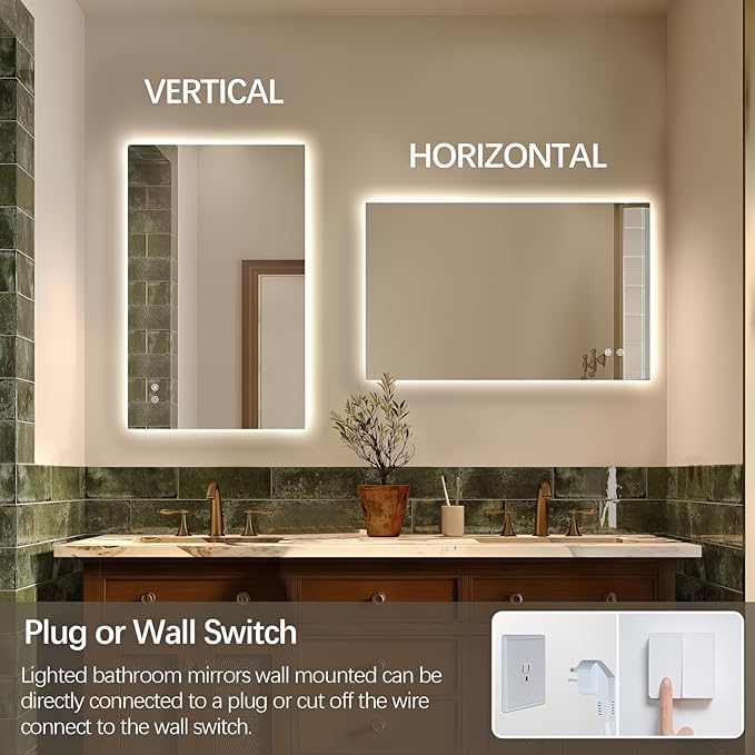 Niccy Led Mirror for Bathroom, 32"x20" Frameless Backlit Mirror for Wall Lighted Mirror with Bedroom 3 Color, Defogger, Explosion-Proof, HD Glass and IP65 Vanity Mirror Horizontal or Vertical