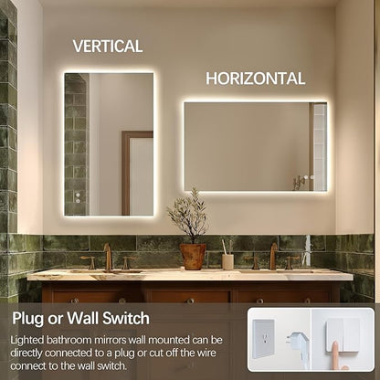 Niccy Led Mirror for Bathroom, 32"x20" Frameless Backlit Mirror for Wall Lighted Mirror with Bedroom 3 Color, Defogger, Explosion-Proof, HD Glass and IP65 Vanity Mirror Horizontal or Vertical