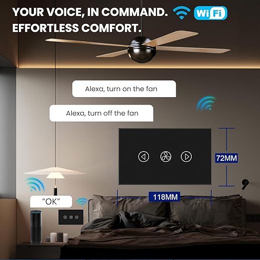 Smart Fan Switch Neutral Wire Required, 2.4GHz WiFi Dimmer Light Switch with Remote Voice Control, Tempered Glass Panel, Compatible with Alexa and Google Home, Black WiFi Fan