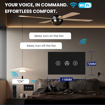 Smart Fan Switch Neutral Wire Required, 2.4GHz WiFi Dimmer Light Switch with Remote Voice Control, Tempered Glass Panel, Compatible with Alexa and Google Home, Black WiFi Fan