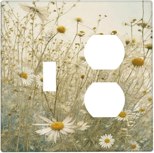 White Wildflowers Daisy Vintage Floral Wallplates 1 Toggle 1 Duplex Switch Plate Electrical GFCI Faceplate Decorative Light Switch Covers for Bed Room Living Room Decor