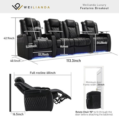 Weilianda Home Theater Seating Top Grain Leather Zero Gravity Recliner Chair Power Headrest Recline Movie Seat Gaming 7 Colors Mood Light Sofa with Tray Table USB Charge Row of 4 Loveseat Middle Black