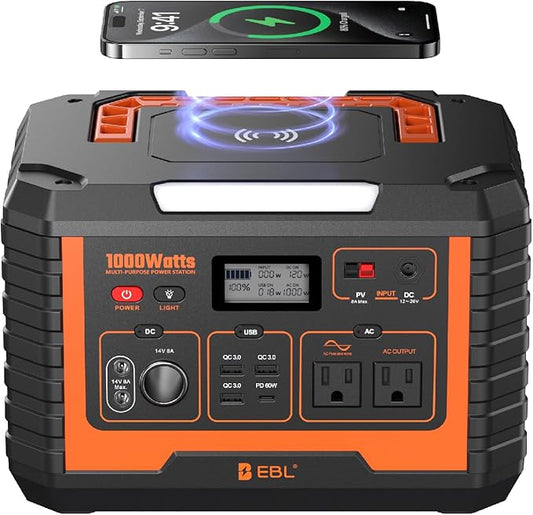 EBL Portable Power Station 1000W, 999Wh Solar Generator 2000W Peak, AC/Wireless Charging/60W USB-C Output, Lithium Battery for Emergency, Home Backup, Camping, RV, Off-Grid Living