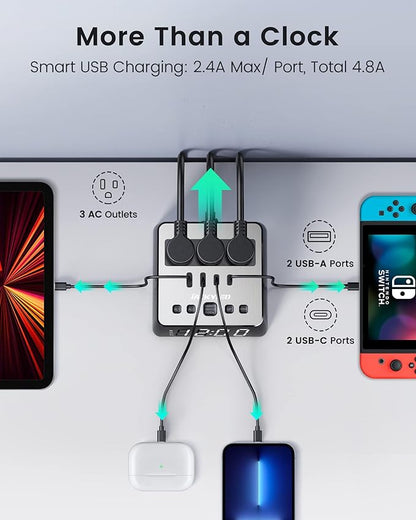 Alarm Clock with USB Charger JACKYLED Power Strip Total 4.8A USB Ports LED Full Screen Surge Protector 6.5ft Cord 4 Dimmer for Heavy Sleepers Compatible with Phone Tablet Computer Black Silver