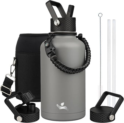 Half Gallon Insulated Water Bottle with Straw,64 oz 3 Lids Water Jug with Carrying Bag,Paracord Handle,Double Wall Vacuum Stainless Steel Metal Flask,Gray