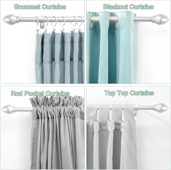 Curtain Rods for Windows 16 to 120 inches, Curtain Rod Max Adjustable Length to 132 in, Drapery Rod 1 inch Diameter with Modern Knobs Finials (Satin Silver, 16" to 120" - Set of 1)