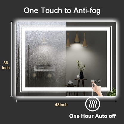 LED Bathroom Mirror, 48"X36" with Front and Backlit, Anti-Fog, Large Bathroom Vanity Mirror for Wall, Memory Function, Stepless Dimmable, Tempered Glass (Horizontal/Vertical)