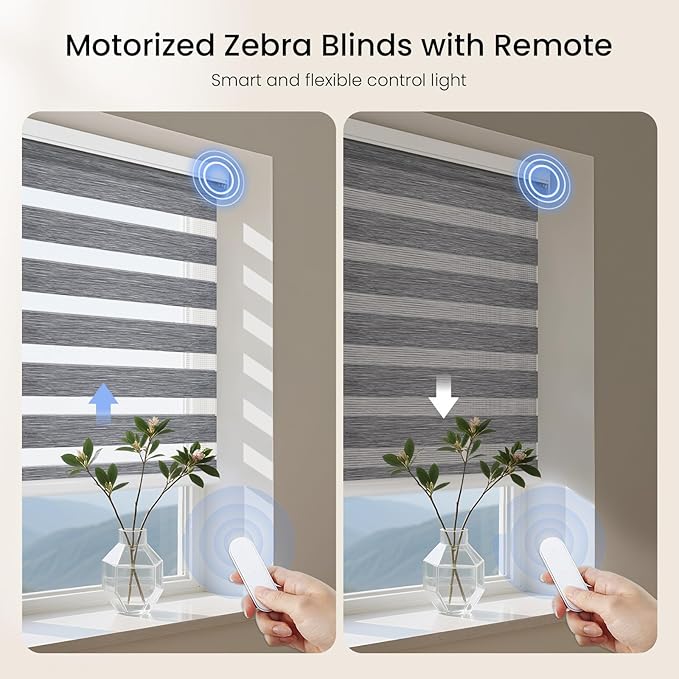 Grandekor Motorized Zebra Blinds with Remote Control,Smart Zebra Blinds for Windows,Electric Zebra Shades, Hemp Grey,34" W x 72" H