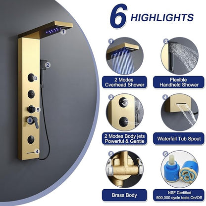 ROVATE Shower Panel Tower System Brushed Gold with LED Rainfall Waterfall Shower, Shower Tower with Jets and Rainfall and Handheld, 5 in 1 Stainless Steel Shower Column High Pressure with Tub Spout