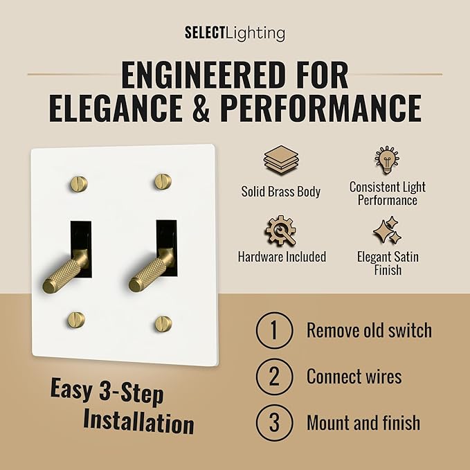 Select 15A 120V AC 2-Gang Toggle Switch, White with Solid Brass Vintage Style Single Pole 3 Way Compatible Wall Mount Toggle Switch, Included Faceplate & Switch Module, UL Listed