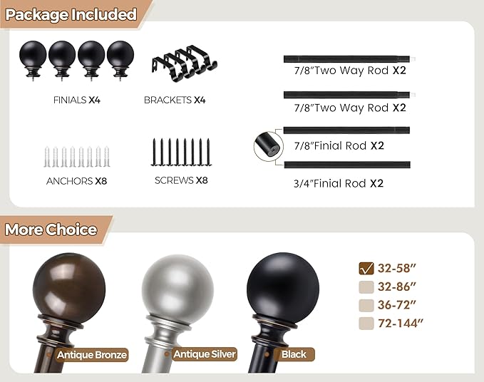 KAMANINA 2 Pack Curtain Rods 32 to 58 Inch (2.6-4.8ft), 7/8 Inch Single Heavy Duty Curtain Rods for Windows Adjustable Decorative Drapery Rod with Round Finials, Black