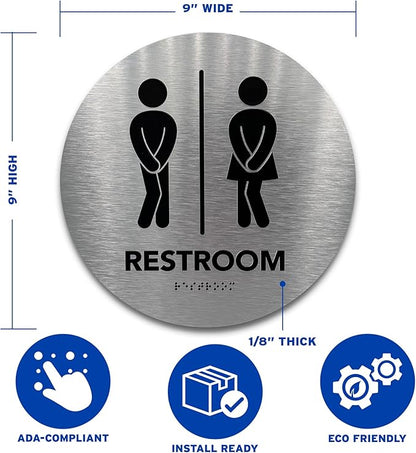 Circle Unisex Boutique Bathroom Sign by GDS - Raised Icons, & Grade 2 Braille - Includes Adhesive Strips for Easy Installation - Bathroom Signs for Business, Restroom Signs for Business, Unisex Bathroom Sign - 9” Diameter (Brushed Aluminum) - Made in USA