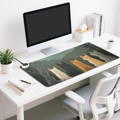 Heated Desk Pad Mouse Pad 31.5x13 Inch PU Leather Desk Mat with 3 Heat Levels Large Mouse Gaming Computer Laptop Mat Cute Wolves Back and Green Mountain
