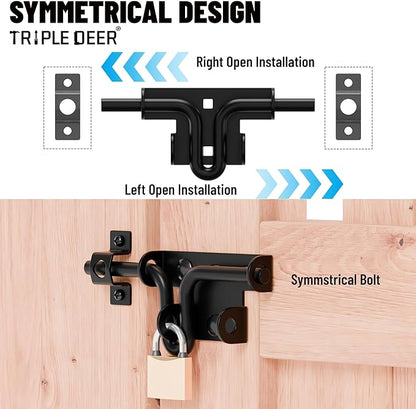 TRIPLE DEER Heavy Duty Sliding Bolt Gate Latch with Padlock Hole & Carriage Bolt, Slide Bolt Hardware for Wooden Fence/Yard Fence/Shed Door/Barn Door, Black, 1 Pack