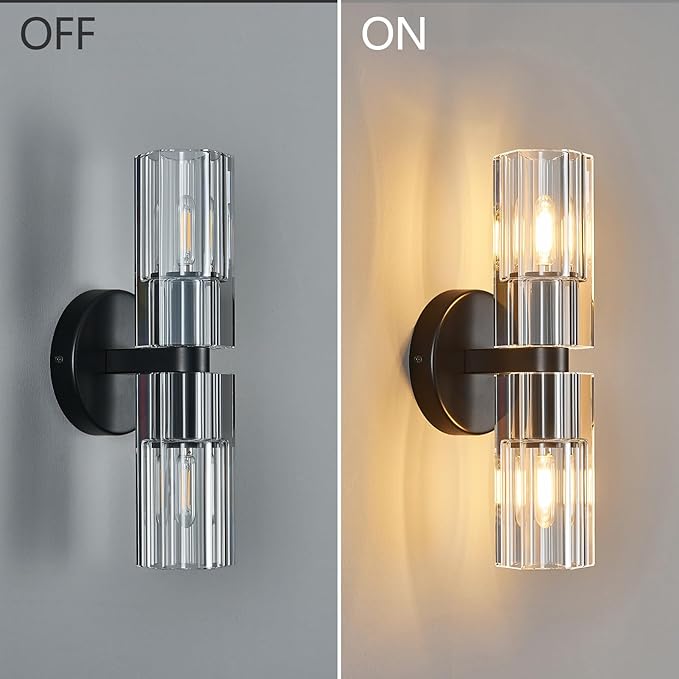 Modern Black Wall Sconces Set of Two Bedroom Crystal Wall Sconces Indoor Sconces Wall Lighting Living Room Sconces with K9 Crystal Lampshade for Bathroom Hallway Entryway Stairway