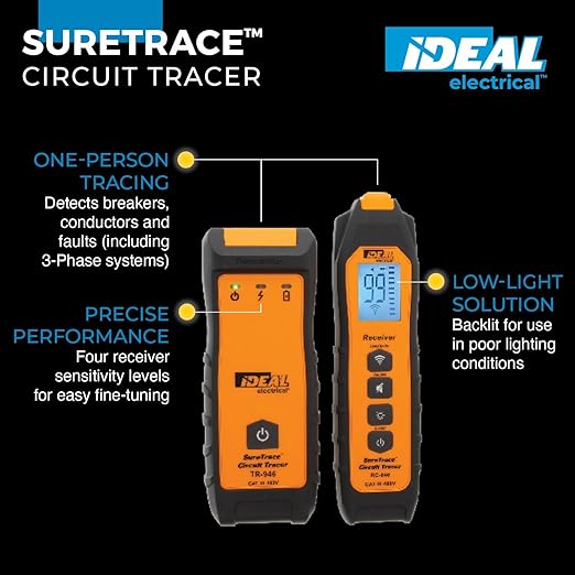 Ideal Electrical SureTrace Digital Circuit Tracer (61-946) 0-480 Volts AC/DC with Backlit Display — Find Breakers, Fuses, Wires, Dead Shorts, and Splice Errors