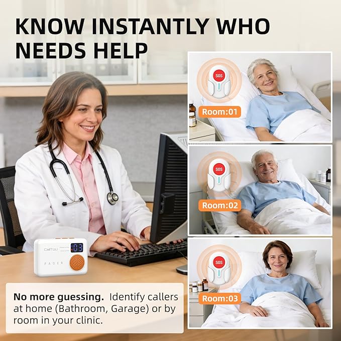 CallToU Caregiver Pager Wireless Call Button for Elderly at Home, Portable Nurse Alert System with Vibration/for Patients and Disabled, 500ft Ranger (2 Call Buttons + 1 Receivers)