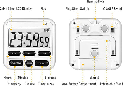 KTKUDY Digital Kitchen Timer with Mute/Loud Alarm Switch ON/Off Switch, 12-Hour Clock & Alarm, Memory Function Count Up & Count Down for Kids Teachers Cooking, Large LCD Display, Strong Magnet (White)
