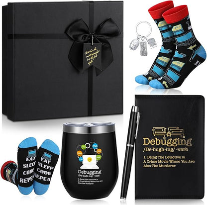6 Pcs Computer Programmer Gifts for Men Debugging Definition Programmer Gifts 12oz Stainless Steel Cup Socks Keychain Pen Notebook Box for IT Developers Computer Geeks Nerd Hackers Coders