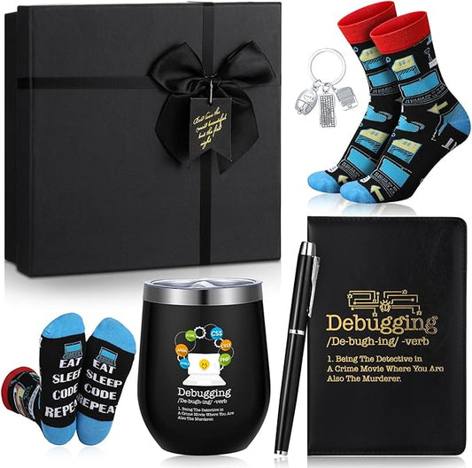 6 Pcs Computer Programmer Gifts for Men Debugging Definition Programmer Gifts 12oz Stainless Steel Cup Socks Keychain Pen Notebook Box for IT Developers Computer Geeks Nerd Hackers Coders