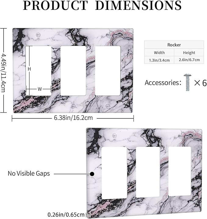 Light Switch Covers White Marble Pattern Black Lines Pink Lines 3 Gang Rocker Electrical GFCI Decorative Triple Outlet Wall Plate Cover Switchplate for living Room Office Decor