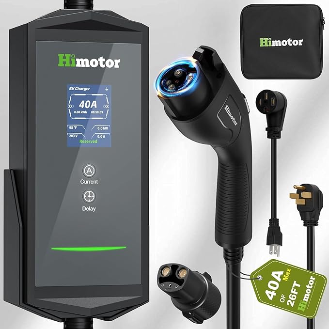 Tesla Charger 40Amp 9.6KW, Portable Level 2 EV Charger Adjustable Current with 2.4" LCD 25FT Cable, 110V-240V, NEMA 14-50 & 5-15 Plug, Compatible with Tesla Models 3/Y/S/X and J1772 Electric Cars