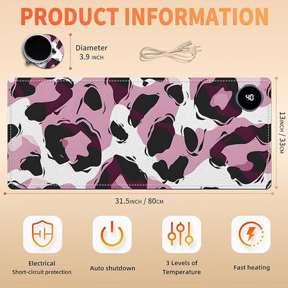 Heated Mouse Pad, Warm Desk Pad, Keyboard Mat 31.5 x 13 Inch Large Size Intelligent Fast Heating, 3 Speed Adjustable, Timed Auto Power Off for Game Office Home,Pink Leopard Print