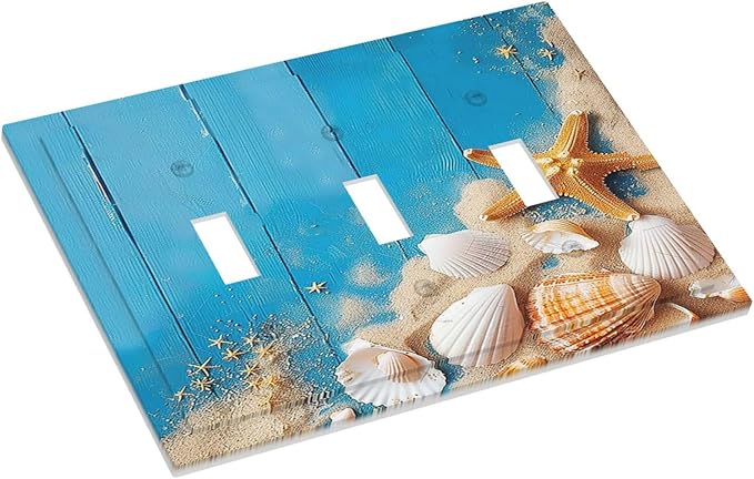 Decorative Switch Plates Blue Wood Grain Beach Shell Starfish 3 Gang Wall Plate Triple Toggle Light Switch Cover Faceplate Electrical Wall Panels for Bathroom Farmhouse Decor