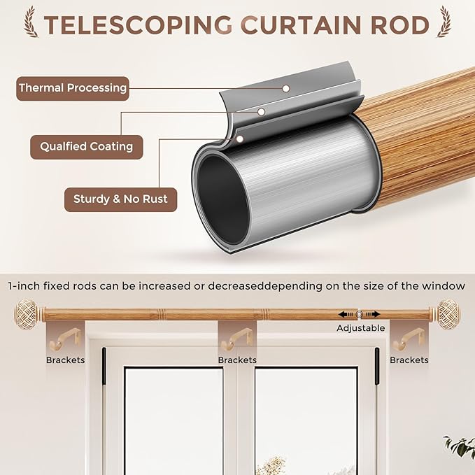 2 Pack Wood Curtain Rods for Windows 48 to 84 Inches, Decorative 1'' Diameter Heavy Duty Adjustable Rustic Farmhouse Drapery Pole with Boho Imitation Wooden Grain Finials, Size: 30''-88'', Brown