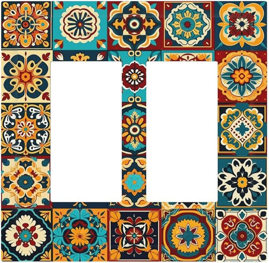 Mexican Talavera Ceramic Tile Moroccan Boho Decorative Outlet Covers 2 Gang Double GFCI Rocker Electrical Wall Panels Light Switch Cover Plate for Bathroom Kitchen Decor